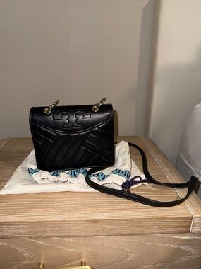 Tory Burch Black Quilted Leather Logo Crossbody with Gold Hardware
